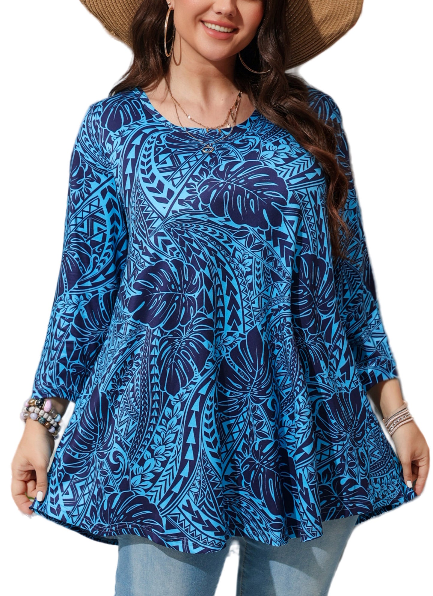 Womens Tops - Plus Size Tunics 3/4 Sleeve Loose Fit Dressy Casual Long Swing Flowy Lady Blouses Shirts Wear with Leggings Teals Blue Clothing A16 SATBL2