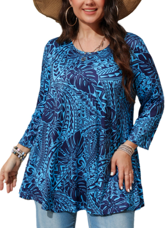 Women's Plus Size Blue Tropical Print Tunic Top | 3/4 Sleeve Swing Blouse, Flowy Fit, Wear with Leggings – Hawaiian Leaf, S to 6XL A16