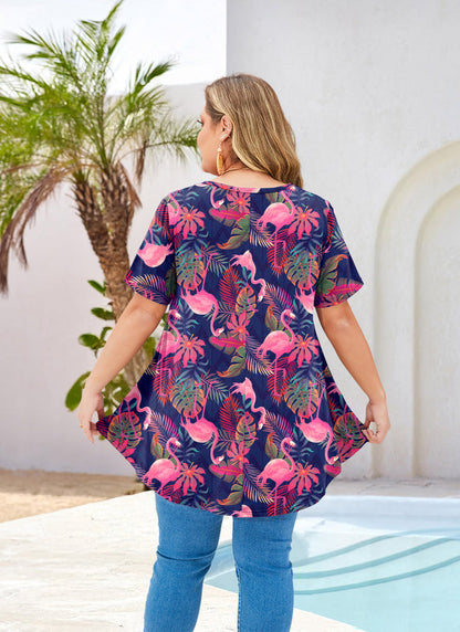Women's Hot Pink Flamingo Print Plus Size Swing Tunic Top – Short Sleeve Flowy Blouse B50