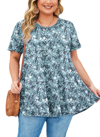 Women's Plus Size Teal & White Tunic Top – Short Sleeve Swing Blouse  e12