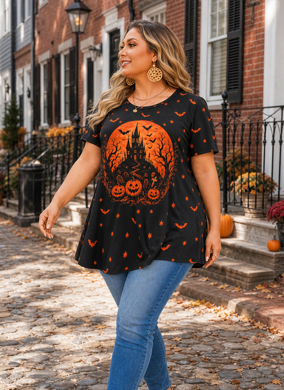 Women's Halloween Black & Orange Tunic Top – Graphic Print, Plus Size E28