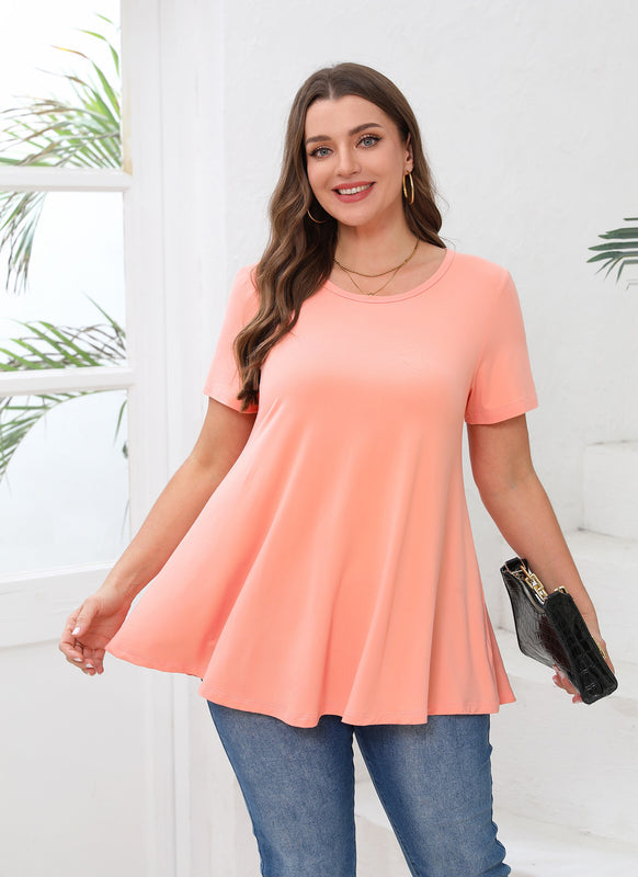 Women's Plus Size Swing Tunic Top – Short Sleeve, Flowy Flare, Crew Neck Blouse to Wear with Leggings b24