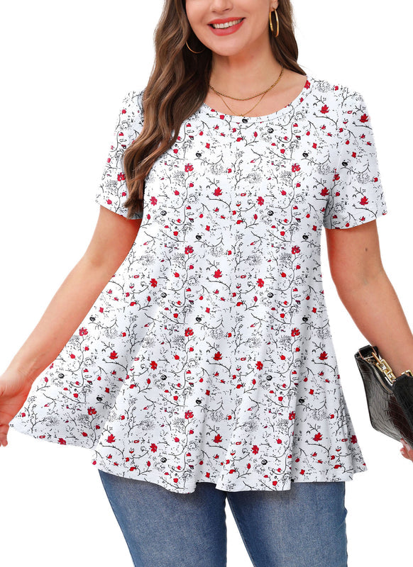 Women's Plus Size White Floral Tunic Top – Short Sleeve, Flowy Swing Blouse to Wear with Leggings b32