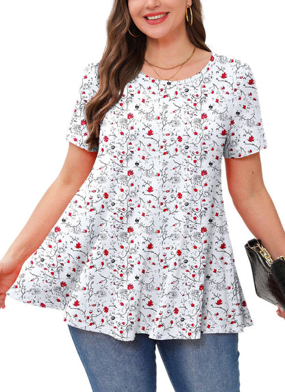 Women's Plus Size White Floral Tunic Top – Short Sleeve, Flowy Swing Blouse to Wear with Leggings b32