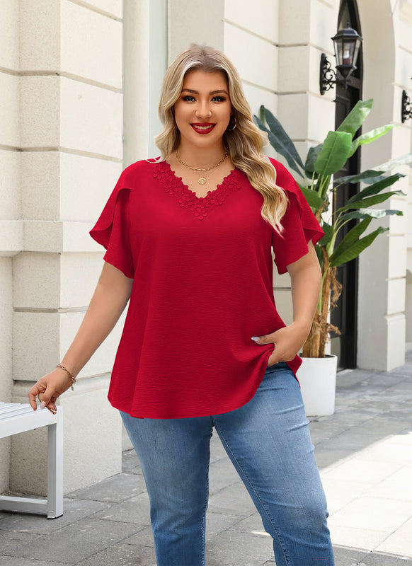 Women's Red V-Neck Blouse – Floral Lace Trim, Plus Size I8