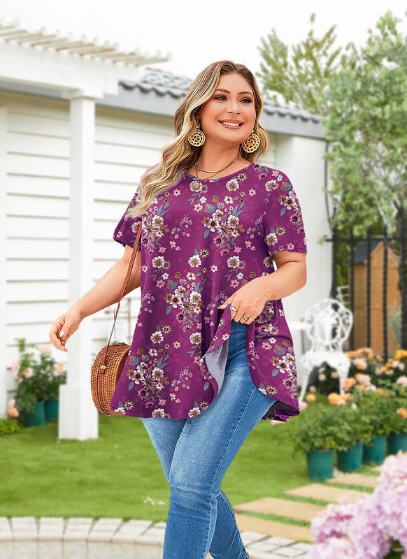 Women's Magenta Floral Swing Tunic Top – Short Sleeve, Plus Size B38
