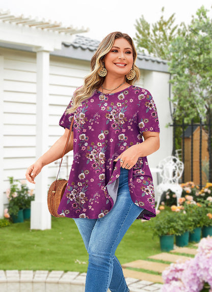 Women's Magenta Floral Swing Tunic Top – Short Sleeve, Plus Size B38