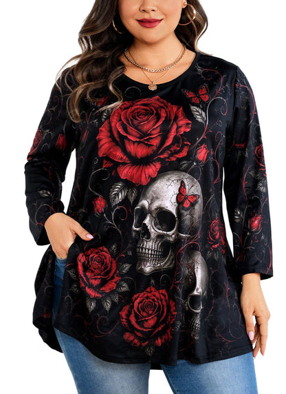 Women's Red & Black Plus Size Swing Tunic Top – 3/4 Sleeve Flowy Blouse A50