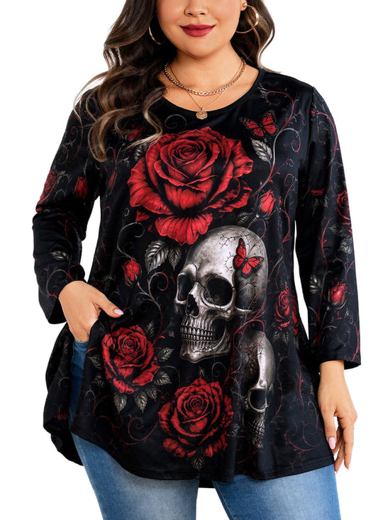 Women's Red & Black Plus Size Swing Tunic Top – 3/4 Sleeve Flowy Blouse A50