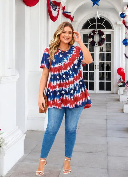 Women's Patriotic American Flag Tunic Top – Short Sleeve Summer Blouse B47