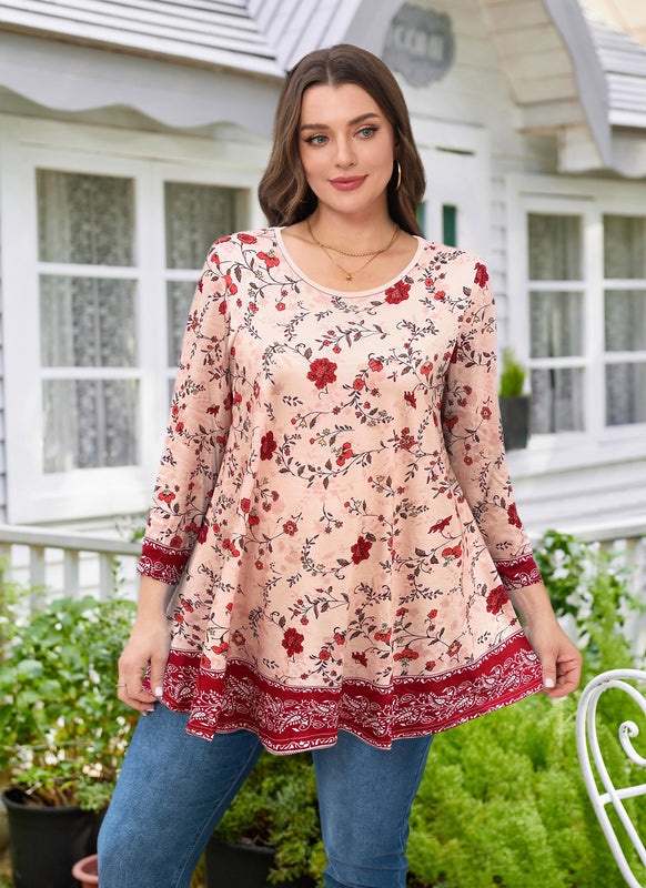 Women's Plus Size Red & Pink Floral Tunic Top – 3/4 Sleeve Swing Flare Blouse d16