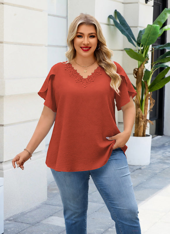 Women's Burnt Orange V-Neck Blouse – Floral Lace Trim, Plus Size I9