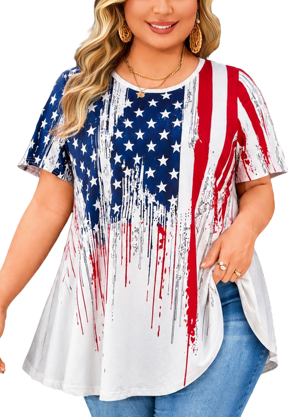 Plus Size White American Flag Print Tunic Top