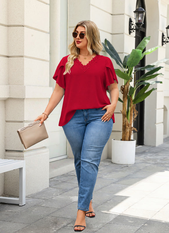 Women's Red V-Neck Blouse – Floral Lace Trim, Plus Size I8