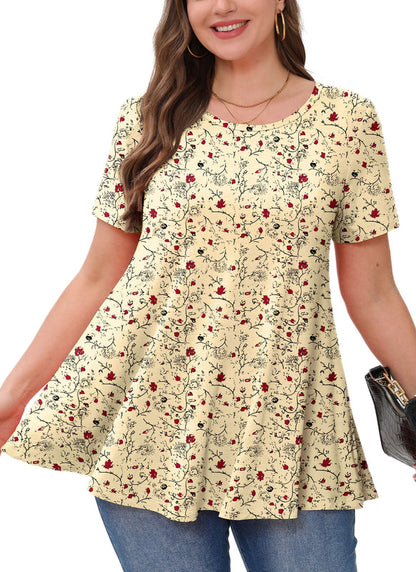 Women's Yellow Floral Swing Tunic Top – Short Sleeve, Plus Size B49