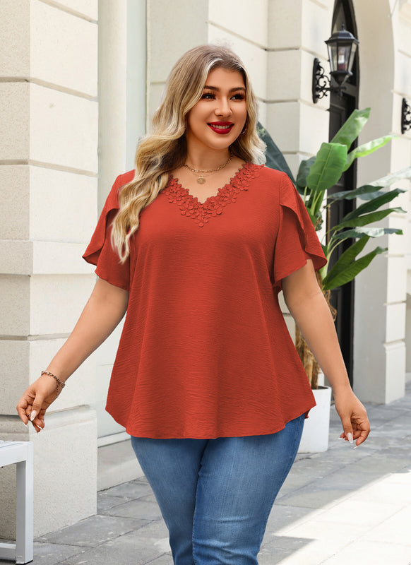 Women's Burnt Orange V-Neck Blouse – Floral Lace Trim, Plus Size I9
