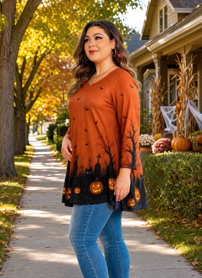 Women's Orange & Black Swing Tunic Top – 3/4 Sleeve, Plus Size D33