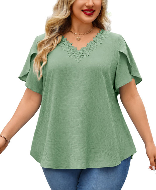 Women's Plus Size Floral Trim Tunic Top | V-Neck Short Sleeve Blouse – Sage Green I5