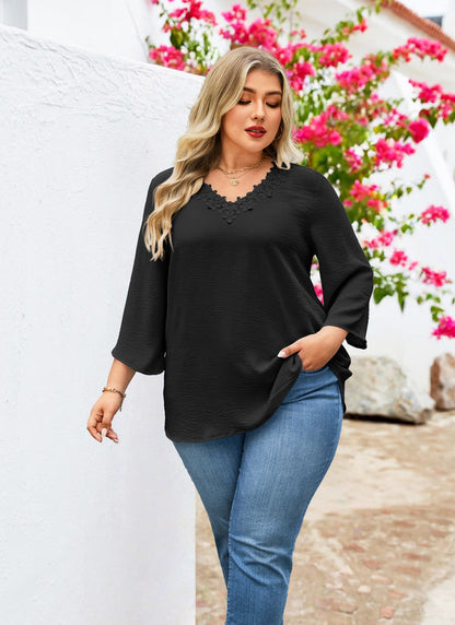 Women's Plus Size Floral Trim Tunic Top | 3/4 Sleeve V-Neck Blouse – Black J1