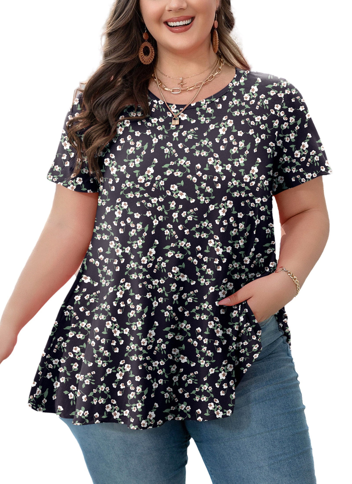 Women's Plus Size Black & White Floral Tunic Top – Short Sleeve Swing Blouse e9