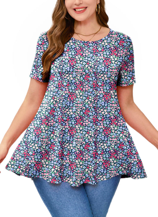 Tunic Tops for Women Plus Size Short Sleeve Crew Neck Swing Flare Loose T-Shirt Blouses to Wear with Leggings IV