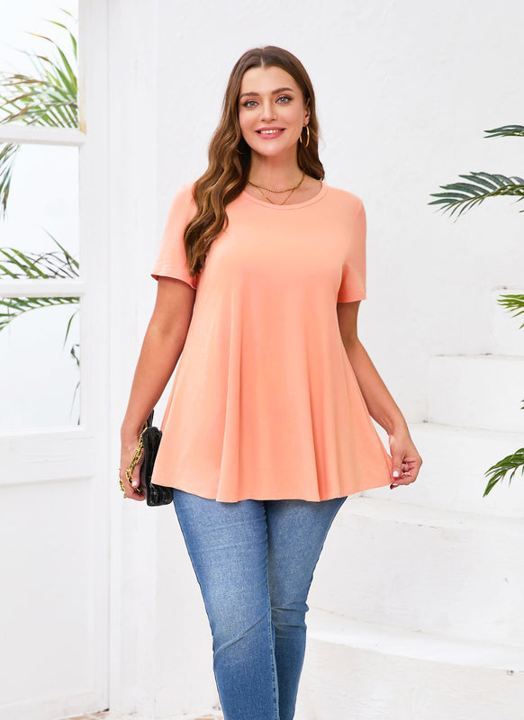 Women's Plus Size Swing Tunic Top – Short Sleeve, Flowy Flare, Crew Neck Blouse to Wear with Leggings b24