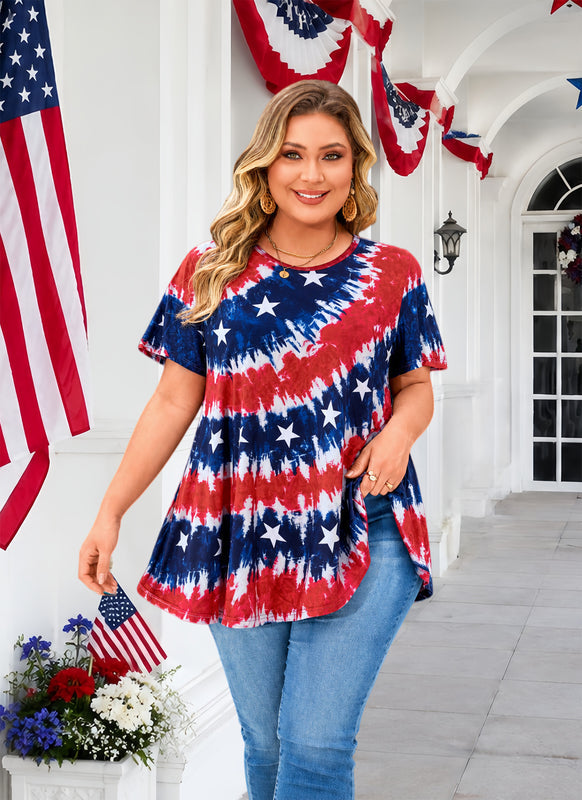 Women's Patriotic American Flag Tunic Top – Short Sleeve Summer Blouse B47
