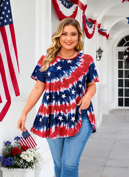 Women's Patriotic American Flag Tunic Top – Short Sleeve Summer Blouse B47