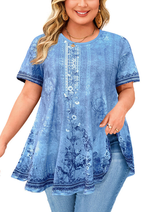 Women's Plus Size Vintage Floral Tunic Top – Short Sleeve, Boho Swing Blouse to Wear with Leggings B37