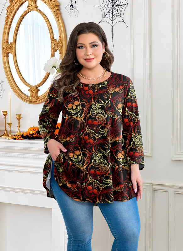 Women's Plus Size Halloween Tunic Top – 3/4 Sleeve Spooky Swing Flare Blouse d24