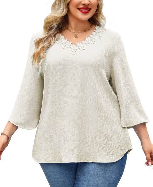 Women's Plus Size Floral Trim Tunic Top | V-Neck 3/4 Sleeve Blouse j2