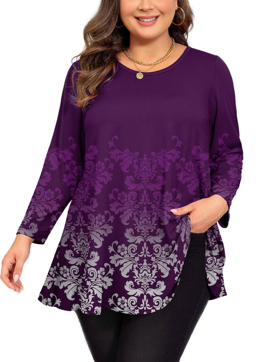 Women's Plus-Size Purple Floral Peplum Top – 3/4 Sleeve Flared Hem d23