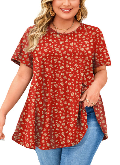 Rust Red Ditsy Floral Print Tunic Top – Women's Plus Size Short Sleeve Swing Blouse to Wear with Leggings (S–7XL) b16