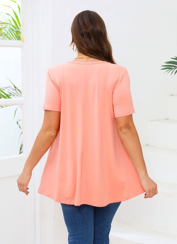 Women's Plus Size Swing Tunic Top – Short Sleeve, Flowy Flare, Crew Neck Blouse to Wear with Leggings b24