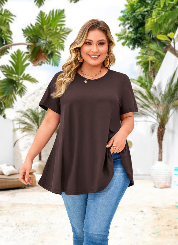 Dark Brown Short Sleeve Swing Tunic Top – Women's Plus Size Crew Neck Flowy Blouse to Wear with Leggings (S–7XL) b14