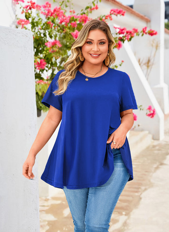 Royal Blue Short Sleeve Swing Tunic Top – Women's Plus Size Crew Neck Flowy Blouse to Wear with Leggings (S–7XL) b12