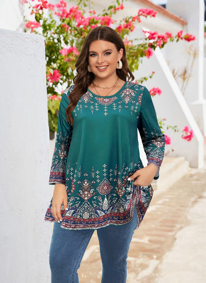 Women's Plus Size Teal & Blue Floral Tunic Top – 3/4 Sleeve Swing Flare Blouse d14