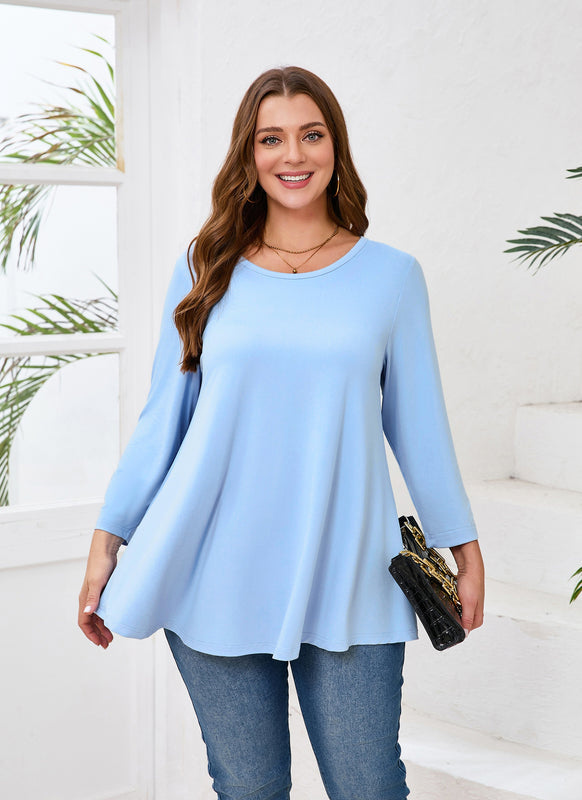 Women's Plus Size Tunic Top | 3/4 Sleeve Light Blue Swing Flare Blouse for Leggings A37