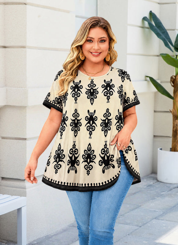 Women's Plus Size Beige Paisley Floral Tunic Top – Short Sleeve Boho Swing Blouse e19