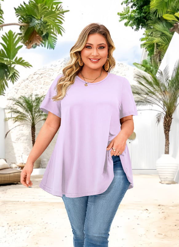 Lavender Purple Short Sleeve Swing Tunic Top – Women's Plus Size Crew Neck Flowy Blouse to Wear with Leggings (S–7XL) B3