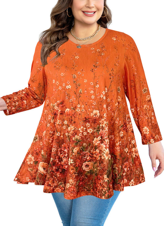 Women's Orange & Black Plus Size Tunic Top – 3/4 Sleeve Flowy Blouse A52