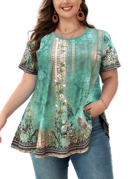 Women's Plus Size Floral Tunic Top – Short Sleeve, Flowy Swing Blouse to Wear with Leggings b28