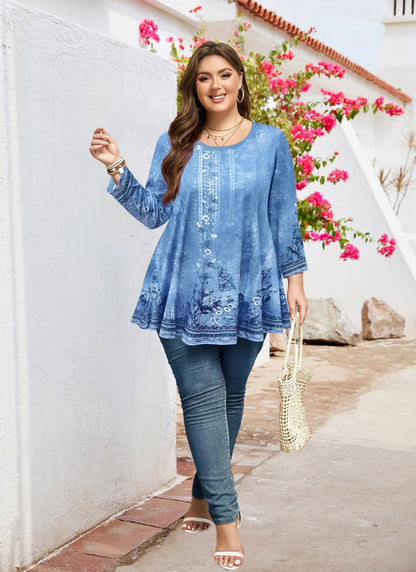 Women's Light Blue Plus Size Swing Tunic Top – 3/4 Sleeve Flowy Blouse A46