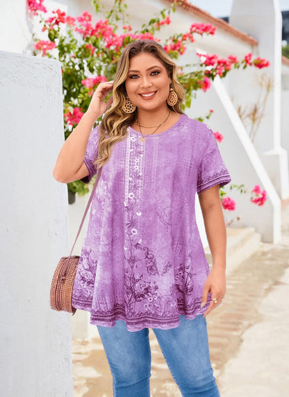 Women's Plus Size Lavender Floral Tunic Top – Short Sleeve Swing Blouse e16