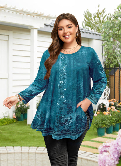 Women's Plus Size Teal Floral Tunic Top – 3/4 Sleeve Swing Flare Blouse d21