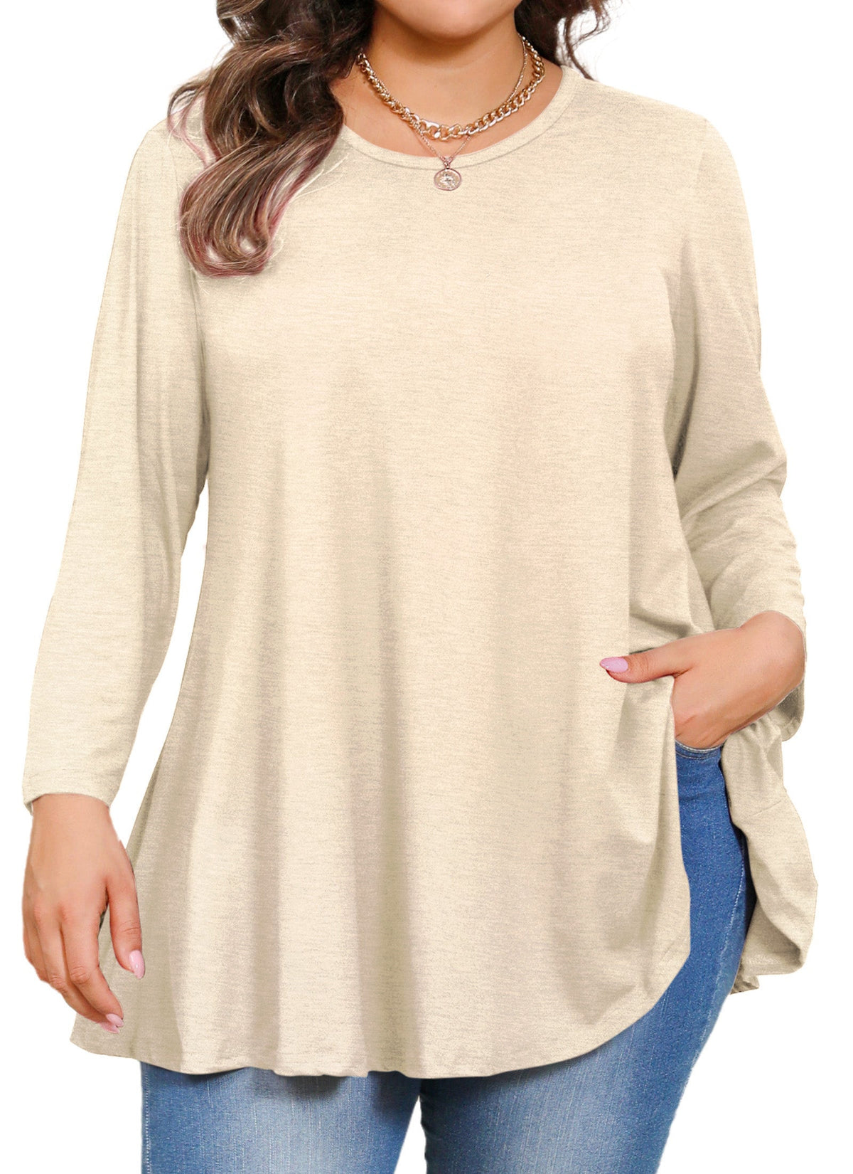 Women's Plus Size Beige Tunic Top – 3/4 Sleeve Swing Flare Blouse d27