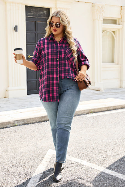Plus Size Fuchsia & Navy Plaid Button-Up Shirt
