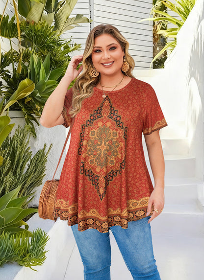 Plus Size Rust Red Medallion Print Tunic Top