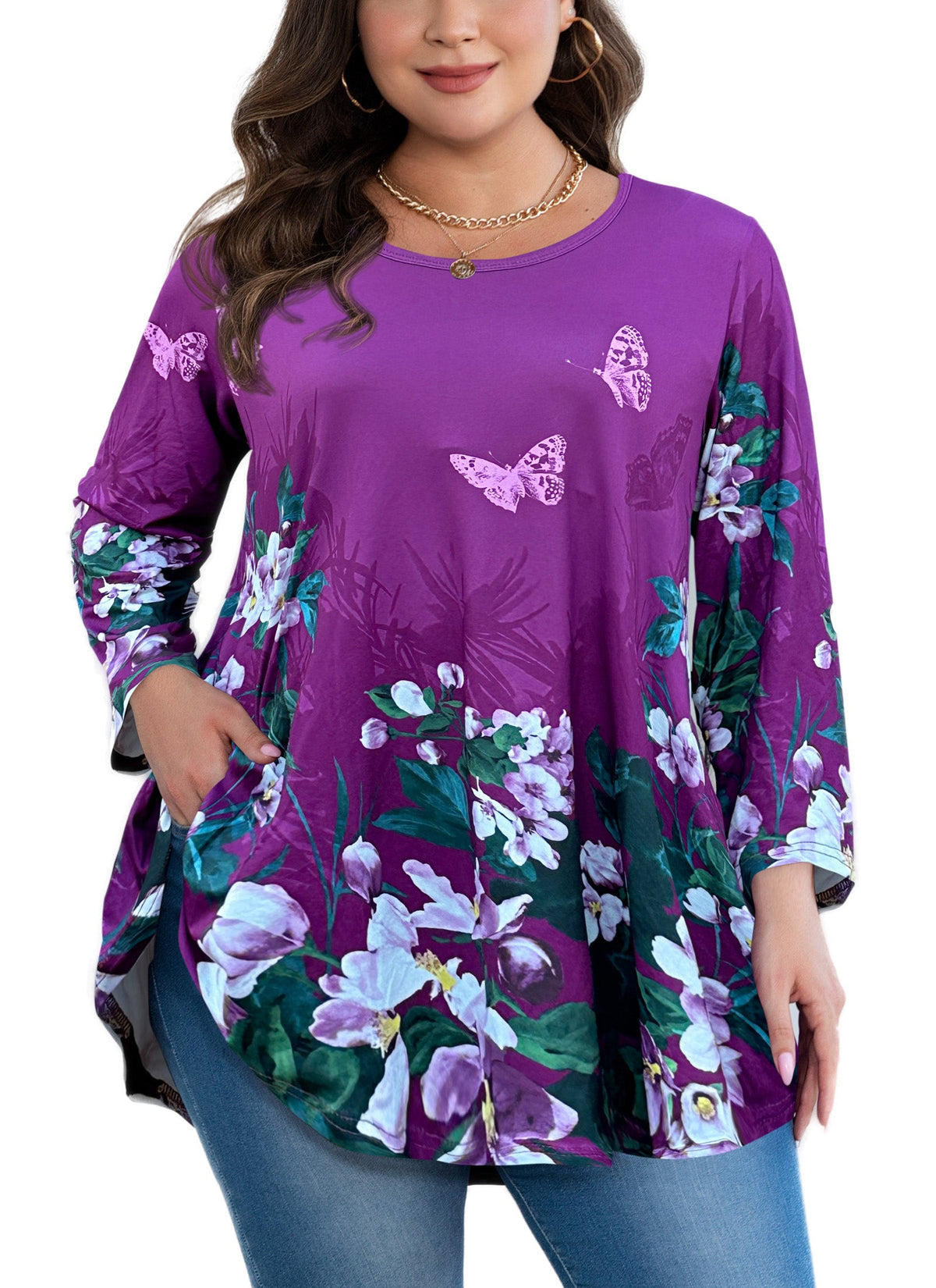 Women's Plus Size Purple Floral Tunic Top – 3/4 Sleeve Swing Flare Blouse d3