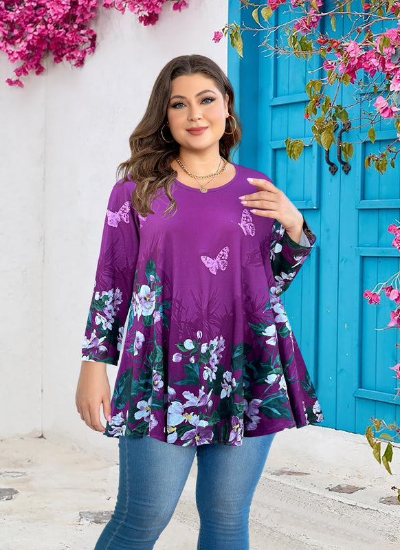 Women's Plus Size Purple Floral Tunic Top – 3/4 Sleeve Swing Flare Blouse d3